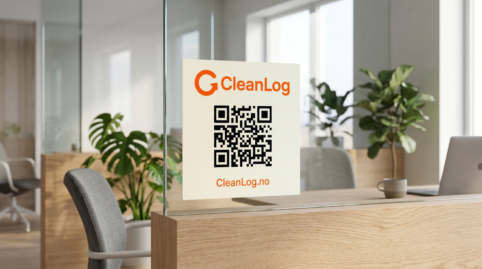 CleanLog QR-kode klistremerke på glassdør i kontorlokale
